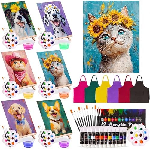 Cholemy 6 Set Paint and Sip Kit for Adults 8"x 10" Pre Drawn Canvas Painting with Wooden Easel Acrylic Paint Wash Cup Brushes Palette Apron for Painting DIY Adult's Date Party Supplies(Happy Pets) by Cholemy