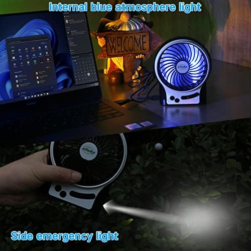 efluky 4.9-Inch Mini Desk Fan - 3 Speeds, Rechargeable Battery/USB Powered with LED Light, Quiet Portable Fan for Home, Office, Travel, Camping (Black) - Image 3