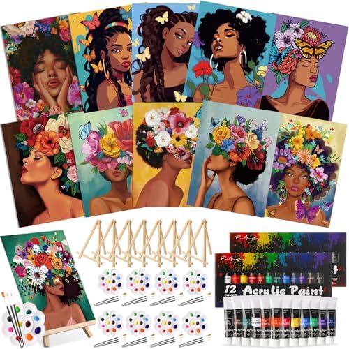 Ctosree 72 Pcs Flower Lady Paint and Sip Kit for Adults 8'' x 10'' Pre Drawn Canvas for Painting DIY Pre Printed Canvas for Party Favor Acrylic Painting Kit Wood Easel Brushes Date Night Bulk by Ctosree