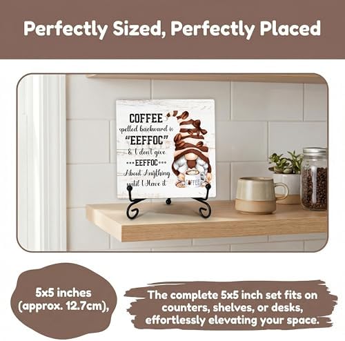 Coffee Bar Sign, Coffee Spelled Backwards Is Eeffoc Funny Wood Sign, Coffee and Tea Lover Gifts, 5x5 Wood Plaque with Iron Stand for Home, Kitchen or Cafe – A09 - Image 5