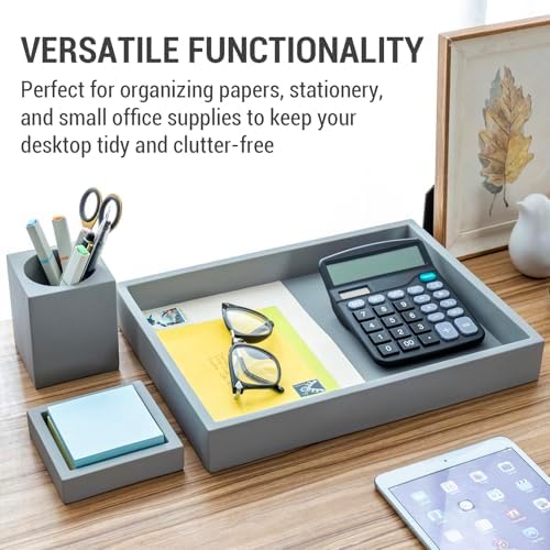 MyGift 3 pcs Set Modern Gray Concrete Desk Organizer Trays, Desktop Office Paper Tray, Stationery Holder Pencil Cup, Sticky Note Pad Holder - Image 3