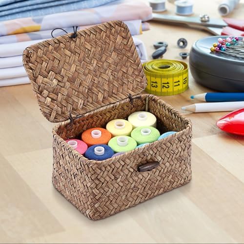 Hipiwe Small Wicker Basket with Lid Woven Seagrass Organizer, 6.1"x 4"x3.3" - Image 6