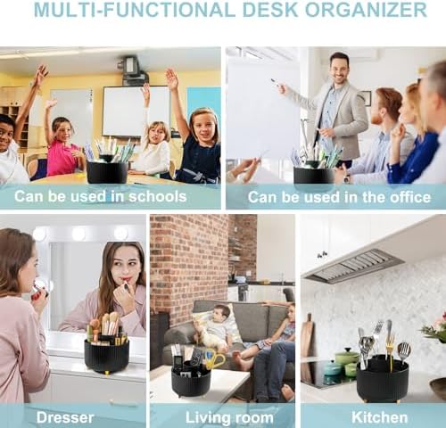 Cayxenful Pencil Holder For Desk,5 Slots 360°Degree Rotating Desk Organizers And Accessories,Desktop Storage Stationery Supplies Organizer, Cute Pencil Cup Pot For Office, School, Home (H-Black) - Image 6