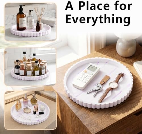 Silicone Bathroom Tray with Scalloped Edge, 11.9 Inch Round Large Vanity Tray for Bathroom Countertop, Non-Slip Elegant Sink Organizer Tray for Toiletries & Jewelry, Marble White Purple - Image 5