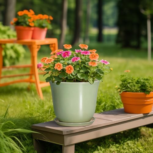 Ceramic Pots for Plants - 10 Inch Planter with Drainage Hole and Tray, Round Large Planter for Indoor Plant Outdoor, Modern Flower Pot, Garden Office Home Decor, Gift for Plant Lover, Green - Image 5