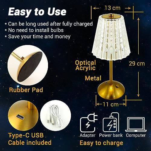 Cordless Table Lamp, 4000mAh Rechargeable Battery Operated Lamp, 3 Color Modes & Stepless Dimmable LED Touch Lamp, Portable Crystal Metal Beside Lamps for Bedroom Restaurant Outdoor(Gold) - Image 6