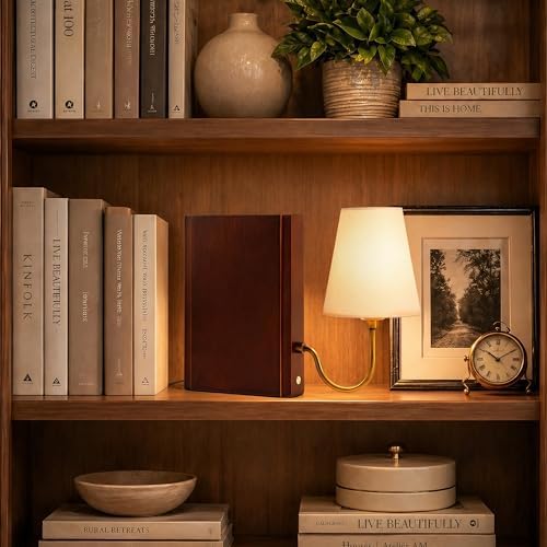 AELS Solid Wood Bookshelf Lamp with Bulb, 3-Color Touch Control Dimmable Table Lamp with Linen Shade, Modern Decorative Bookend Lamp for Bedroom, Office & Bookshelf Decor, Dark Brown - Image 6