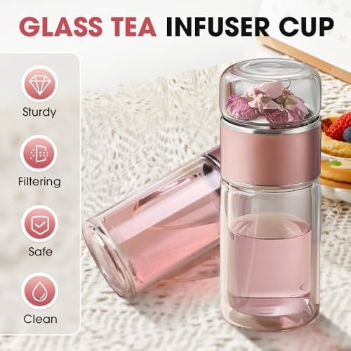 12oz/350ml Double Wall Glass Tea Infuser Bottle, Leakproof Travel Mug with 304 Stainless Steel Filter, Hot & Cold Drinks Tumbler for Loose Leaf Tea, Fruit Water, Home Office Travel (Black) - Image 2