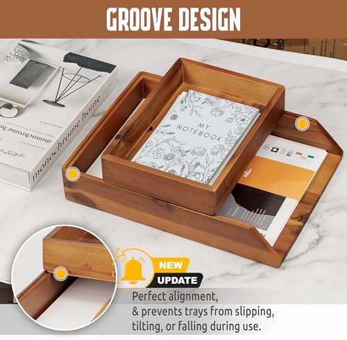 DEMIGO Desk Organizer Letter Tray Set of 2, Natural Acacia Wood Paper Tray - Image 4
