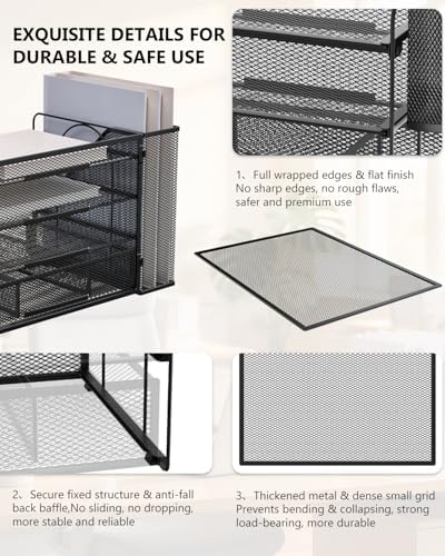 WALI Desk File Organizer, 4 Tier Desktop Paper Letter Tray Organizer with Drawer and 2 Pen Holders, Office Desk Accessories & Workspace Organizers for Office, Home Supplies(DO005DH-B), 1 Pack, Black - Image 5