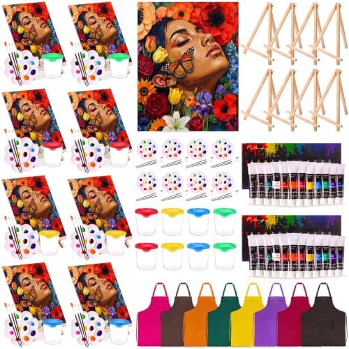 Cholemy 8 Set Paint and Sip Kit for Adults 8'' x 10'' Pre Drawn Canvas with Wooden Easels Acrylic Paint Brushes Wash Cup Palette Apron for Painting DIY Date Night Party Supplies (Butterfly Lady) by Cholemy