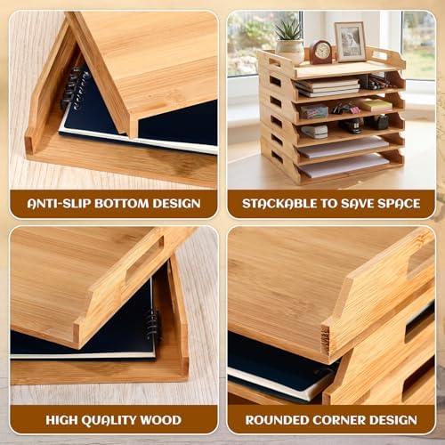 AceOrbit 6 Pcs Stackable Paper Tray Bamboo Wood Desk Organizer Letter Tray - Image 3