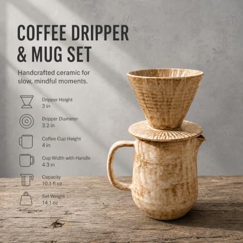 Ceramic Pour Over Coffee Maker Set, 2-Piece Stoneware Coffee Dripper and Pitcher, Rustic Wheat Glaze Manual Coffee Brewer, 11.3 oz Coffee Server for Home Kitchen - Image 5