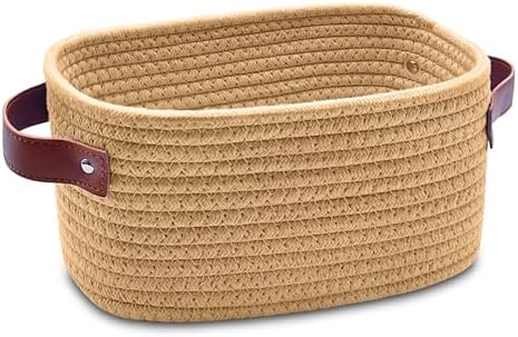 ABenkle Small Storage Basket, Mini Baskets with Handle, Cute Cotton Woven Baskets for Shelves, Boho Decorative Toy Storage Bin for Nursery, Spa, Empty Gift Basket - XS, Brown by ABenkle