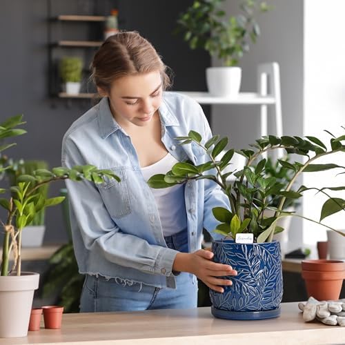 D'vine Dev Embossed Leaves Ceramic Planter, 6 in, Midnight Blue, 27-A-X-3 - Image 2