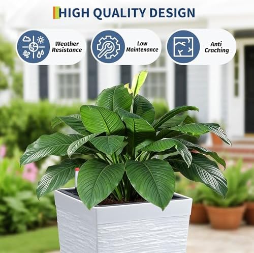 Garvee 16" Tall Planters Set of 2, Self Watering Tall Planters, Outdoor＆Indoor Planter Pots, High Front Porch Planters Pots with Drainage Holes＆Water Level Monitor, White - Image 2