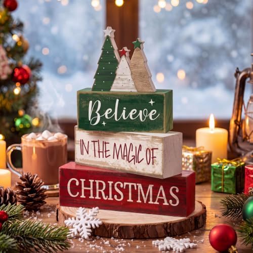 Moucuny 4 Pcs Christmas Table Decorations Rustic Christmas Tree Stacked Wooden Sign Decor Red Green and White Winter Tiered Tray Decor Xmas Table Centerpiece Farmhouse for Home Kitchen Shelf - Image 2
