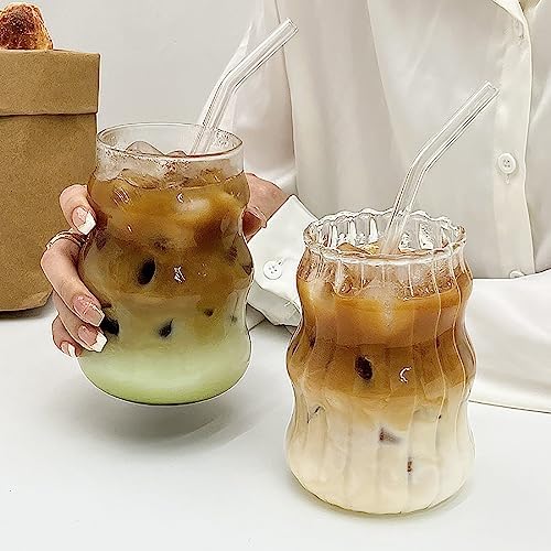 2 Pcs Ribbed Glass Cups 18 Oz Vintage Drinking Glassware Ripple Cocktail Glasses for Iced Coffee Juice Beverage Milk - Image 2