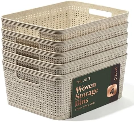 BINO | Woven Plastic Basket | Small (Natural), 5-Pack | THE JUTE COLLECTION | Home Organization, Space - Saving Storage, Stylish Design | Jute Basket | Plastic Storage Basket by BINO