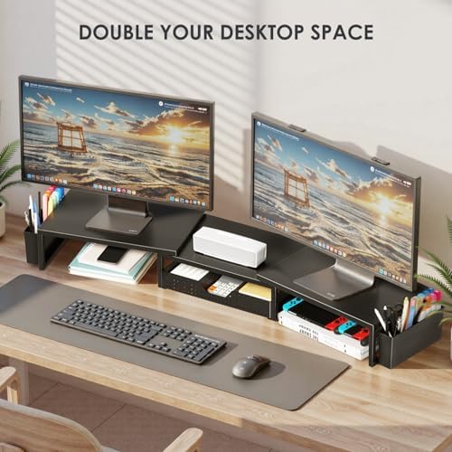 OPNICE Desk Organizers and Accessories, Dual Monitor Stand Riser with Drawer and 2 Pen Holders, Desk Shelf Computer Racks & Printer Stand for Office Workspace Organizers, Desktop Organization (Black) - Image 4