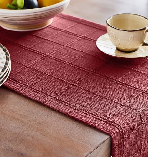 ZeeMart Linen Checked Farmhouse Table Runner, 13x72 Inches Burgundy - Image 5