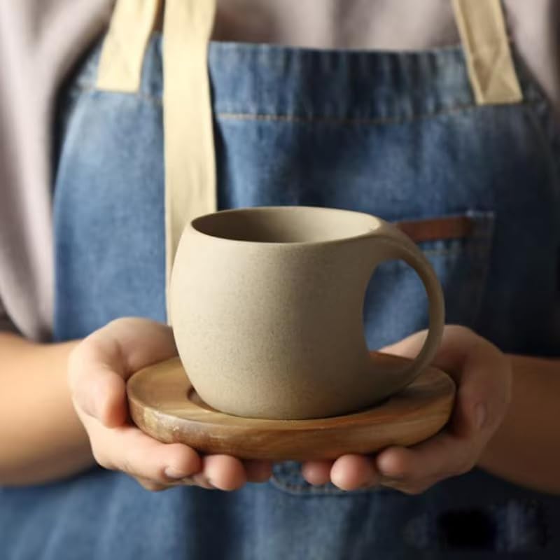 6 oz Clay Cup and Wood Saucer Set of 1, Ceramic Coffee Latte Art Mug With Saucer, Cafe Cups for Cappuccino, Espresso, Coffee, Tea, Porcelain Set for Baristas, Great Gift - Image 3