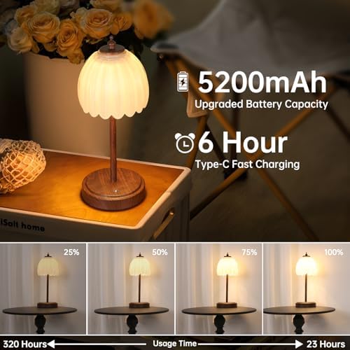 Shenmoyl Tulip Table Lamp with 5200mAh Battery & Touch Control, Small Cordless Table Lamp with 3 Colors, Rechargeable Battery Operated Table Lamps for Bedroom, Desk, Bedside (White-Walnut Color) - Image 2
