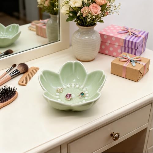 Ceramic Flower Ring Dish, Small Decorative Jewelry Tray, Trinket Tray for Bathroom Nightstand, Gift for Women (Green) - Image 3
