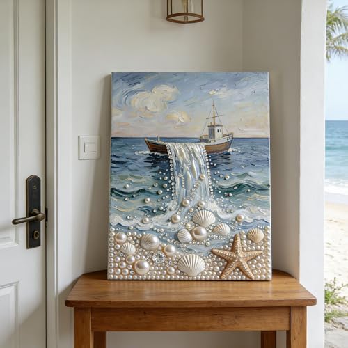 Mrchfr Wave Pearl Painting Kit for Adults & Beginners, DIY Ocean Theme DIY All-Pearl Dot Painting, Stress Relief Art Craft Supplies for Gift Home Wall Decor, No Frame (Style E) - Image 5
