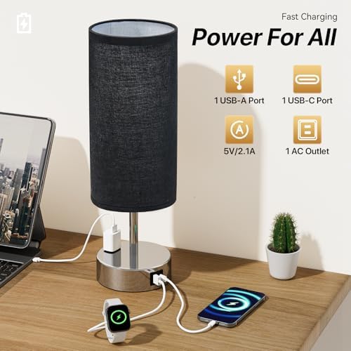 KPQ Bedside Lamp Touch Control Table Lamp with USB A+C Charging Ports & AC Outlet 3-Way Dimmable Nightstand Lamp with Linen Fabric Shade (Black Shade-Silver Base, 14" Small Size Touch Control) - Image 3