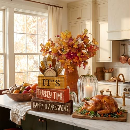 Moucuny 4 Pcs Thanksgiving Table Decorations Wooden Turkey Tiered Tray - Image 4