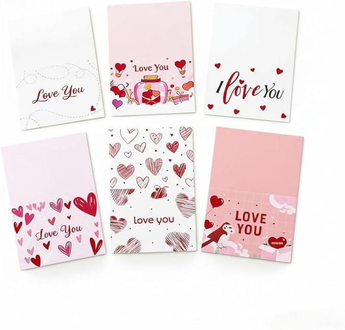 Couples Romantic Heartfelt Paper Love Cards Set 6 Mini Greeting Notes with Envelopes, Express Affection for Any Occasion