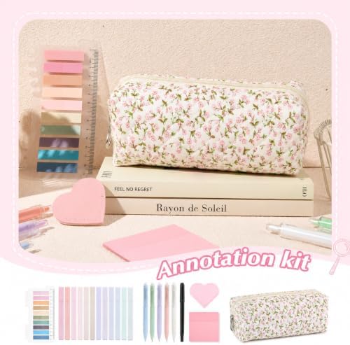 22Pcs Book Annotation Kit Aesthetic Pencil Case with Supplies School Annotation Supplies Gel Pen Transparent Sticky Note Taking Bible Study College Stationery Supplie (Pink Floral) - Image 4