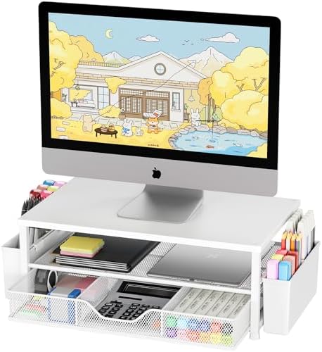 OPNICE Desk Organizers and Accessories, Computer Monitor Stand Riser with Drawer and 2 Pen Holders, Printer & Laptop Stand, Office Desk Accessories & Workspace Organizers for Home Office Supplies, White Wood by OPNICE