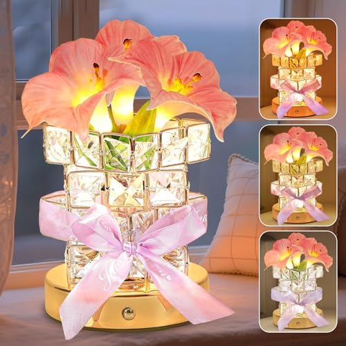 Flower Table Lamps, Rechargeable Cordless Crystal Night Light, 3 Colors Touch Dimming Artificial Flower Light, LED Flowers Bedside Lamp Romantic Gifts for Girl Women Mom (MF Morning Glory-Pink) by Strackvial