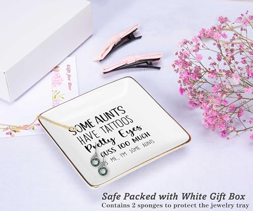 Funny Birthday New Year Thanksgiving Christmas Gift for Auntie,Cool Aunt Gifts,Ceramic Jewelry Tray Trinket Holder Ring Dish-Some Aunts Have Tattoos Pretty Eyes and Cuss Too Much - Image 2