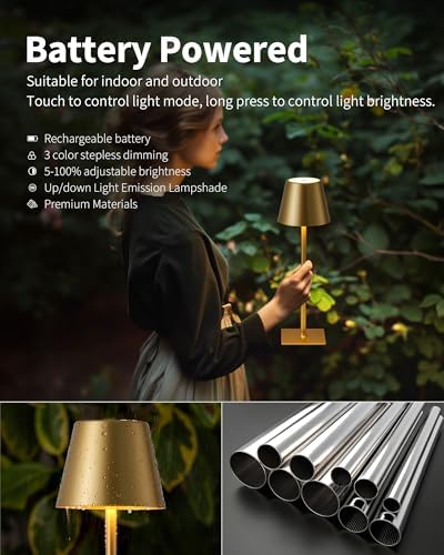 KDG Gold Cordless Table Lamps Set of 2, 4000mAh Rechargeable LED Desk Lamp - Image 4