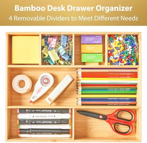 Umilife Large Bamboo Desk Drawer Organizer, Wood Office Junk Tray, 15"x12" - Image 2