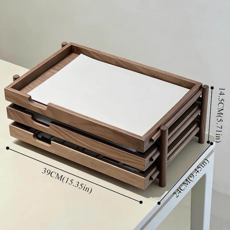 Walnut Wood Desk Organizer with 3 Drawers, Modern Minimalist Desktop Storage Tray, Multilayer Document Holder for Office Home Study, Natural Brown Wooden Desk Caddy - Image 7