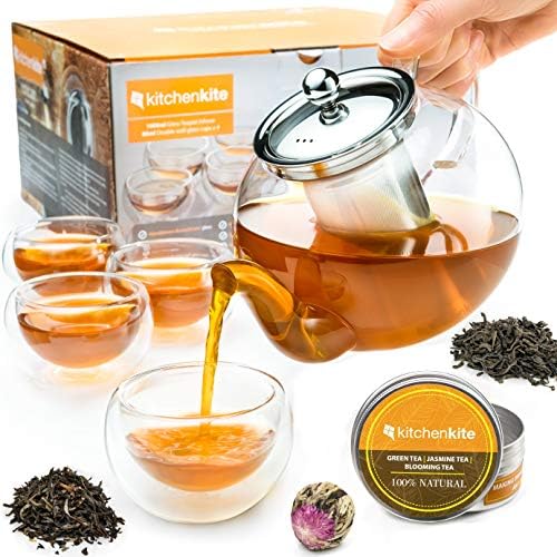 Kitchen Kite Glass Teapot Set with 4 Double Wall Tea Cups & Removable Stainless Steel Infuser, 35oz/1000ml Borosilicate Tea Kettle Stovetop Safe, Loose Leaf & Blooming Tea Maker Gift Set for Women by KitchenKite