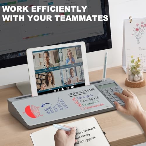 Small Glass Desktop Whiteboard Dry-Erase-Board - Computer Keyboard Stand with Calculator White Board Surface Pad with Drawer, Desk Organizers with Accessories for Office, Home, School Supplies - Grey - Image 2