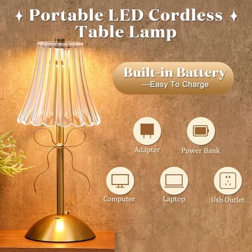 Liliful 2 Pcs Cordless Table Lamp LED Touch, Gold, Rose Style Bow - Image 3