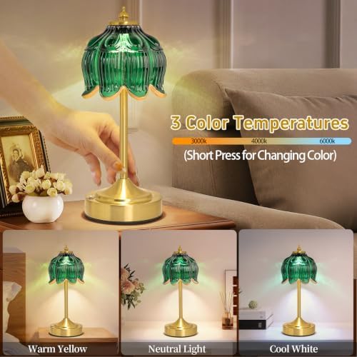 Cordless Table Lamp, Rechargeable Dark Green Glass Lotus Flower Lamp - Image 3