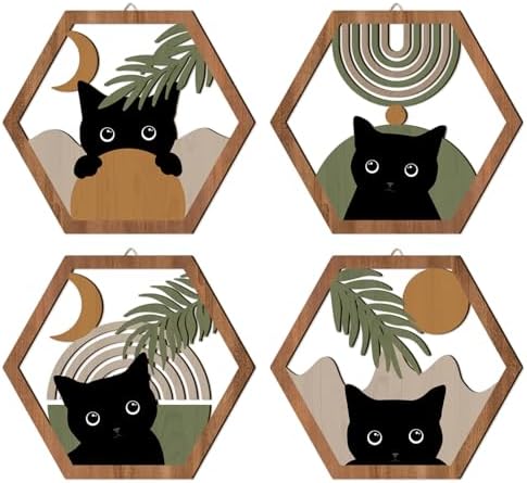 HPNIUB Boho Black Cat Wall Decor, Farmhouse Geometric Hanging Wooden Wall Art, 4 Pieces 11''x9.8'' Mid Century Bohemian Abstract Moon and Sun Wood Sign for Nursery Bedroom Decoration, Lovely Cat Gifts by HPNIUB