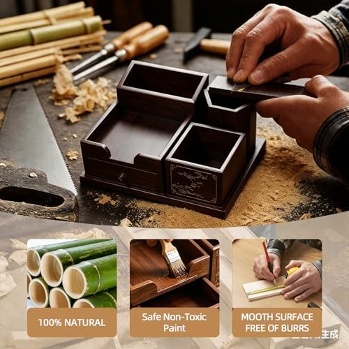 Bamboo Desk Organizer with Drawer, Wood Pen Holder & Card Slot, Brown - Image 6