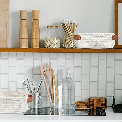 ABenkle Small Storage Basket, Mini Rope Woven Baskets, Cute Shelf Closet Storage Organizer, Boho Decorative Toy Bin for Nursery, Living Room, Spa, Empty Gift Baskets - XS, White - Image 4