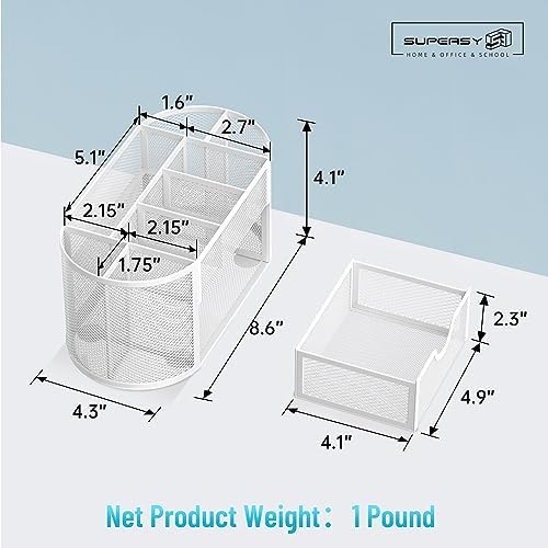 Mesh Desk Organizer with Drawer, 9-Compartment Pen Holder for Desk, White - Image 3