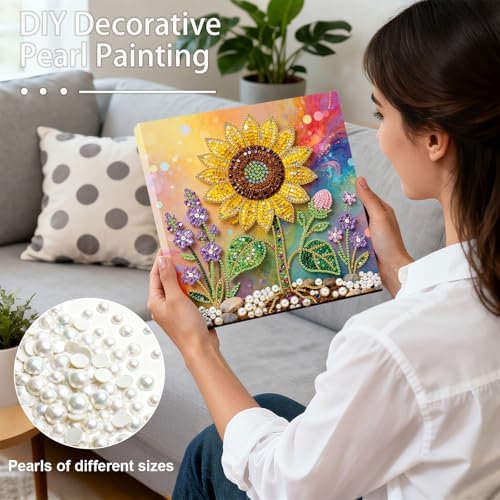 LQCrafK DIY Pearl Art Painting Handcraft Kit for Adults Beginners, Healing Stress-Relieving Home Wall Creative Design Decoration, Framed Painting with Tools-Sunflower - Image 2