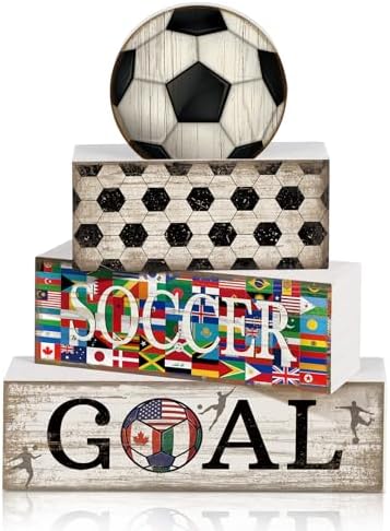 Moucuny 4 Pcs Soccer Centerpieces Table Wooden Block Signs Ball Topper by Moucuny