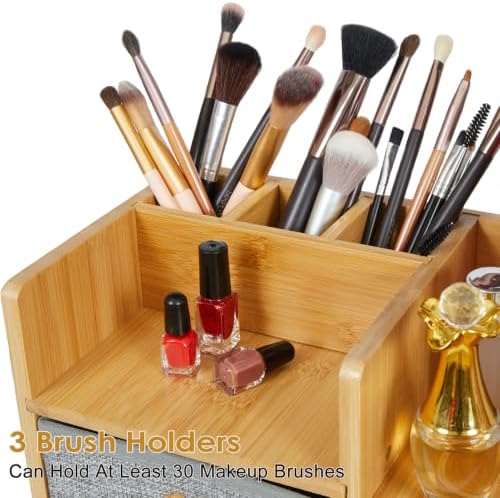 Large Makeup Organizer For Vanity, Large Capacity 3 Tiers Bamboo Bathroom Counter Organizers and Storage, Countertop Makeup Brush Holder, Nail Polish Perfume Stand with 3 Drawers and 10 Compartments - Image 4